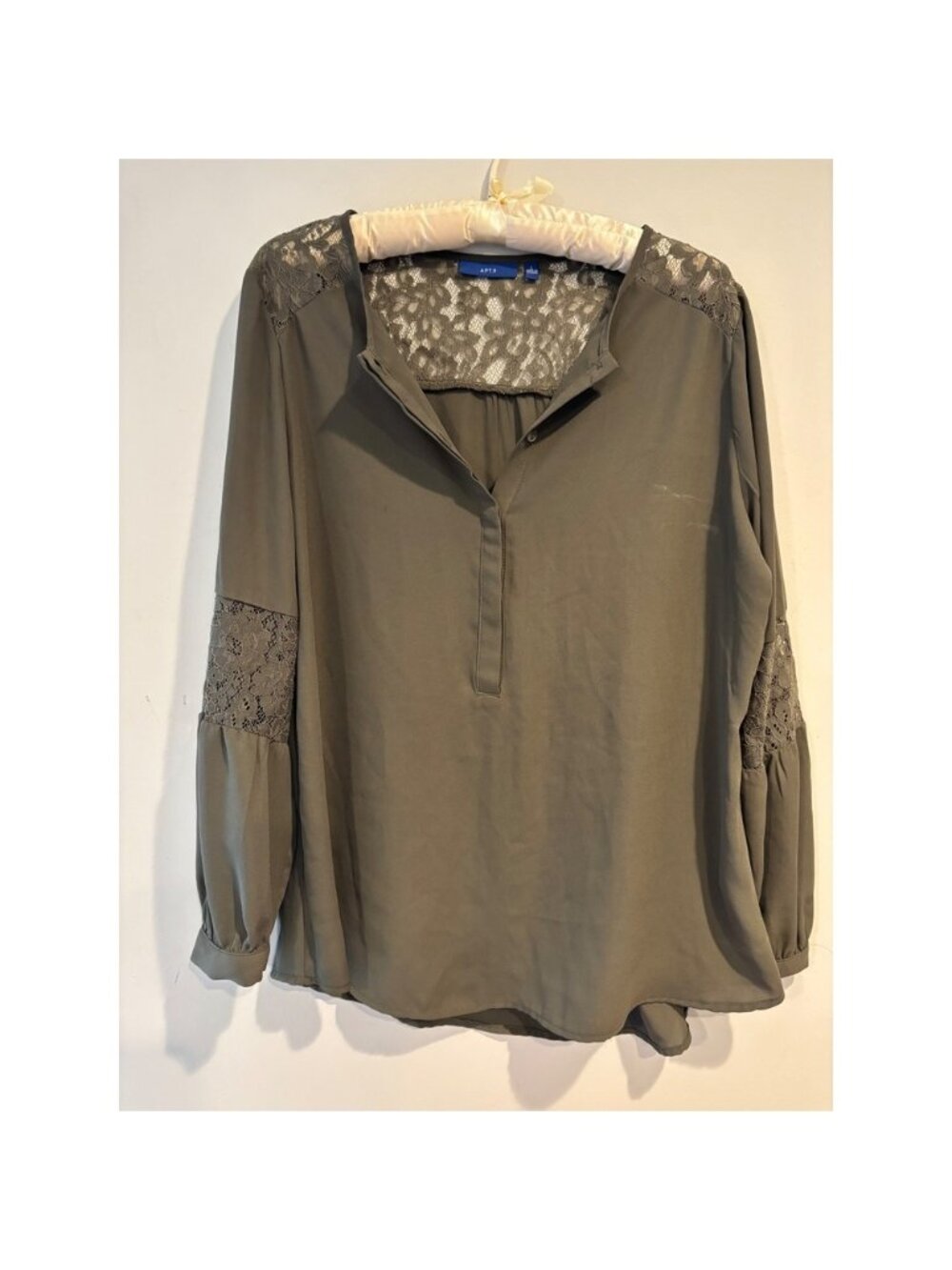 Womens Olive Green Lace Accent Long Sleeve Split Neck Blouse Top Large